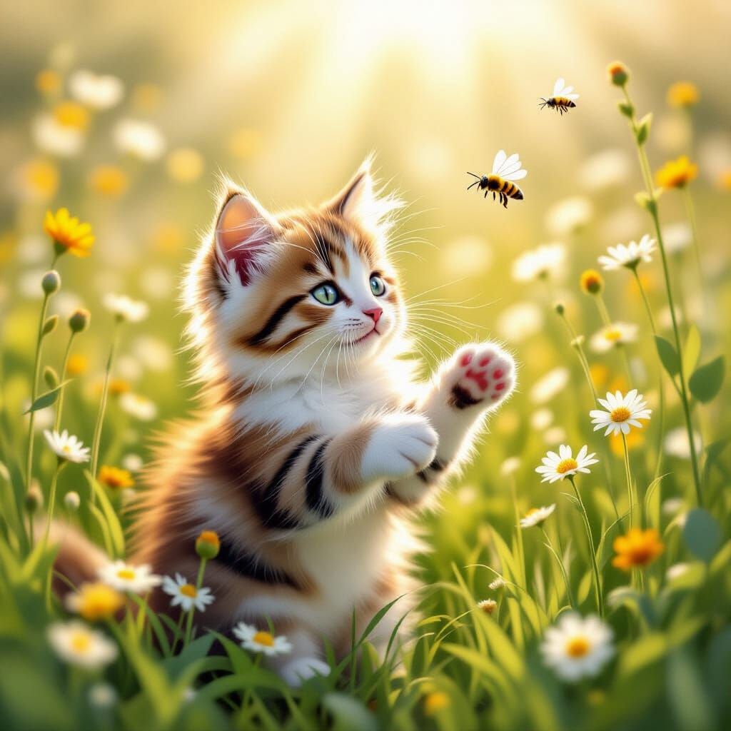 Calico Kitten with Heterochromia in Sunlit Meadow