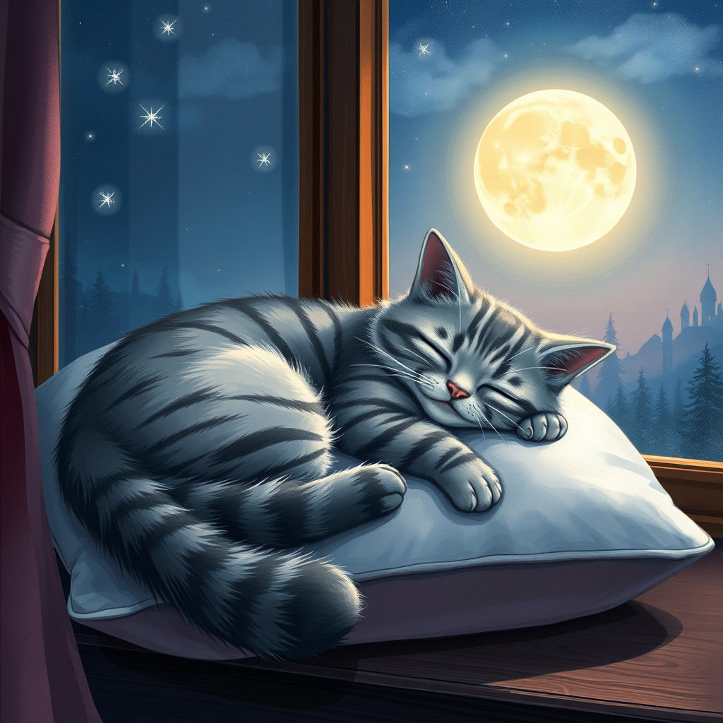 Gray Striped Cat Sleeping: Anime Fantasy Art