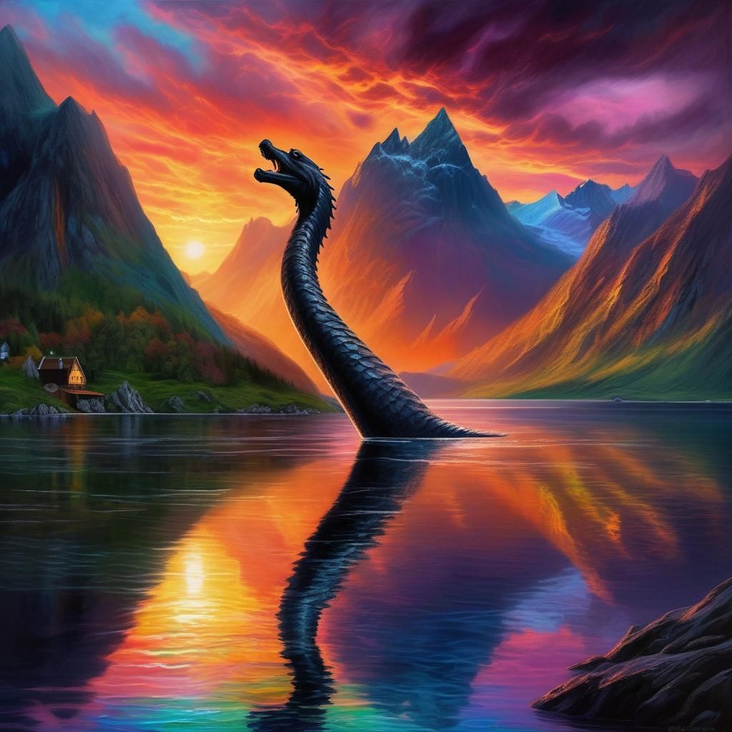 Loch Ness Monster in Mythical Landscape Painting