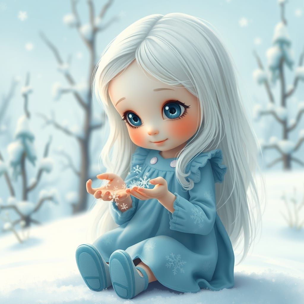 Whimsical Winter Girl Crafts Snowflakes in a Serene Landscap...