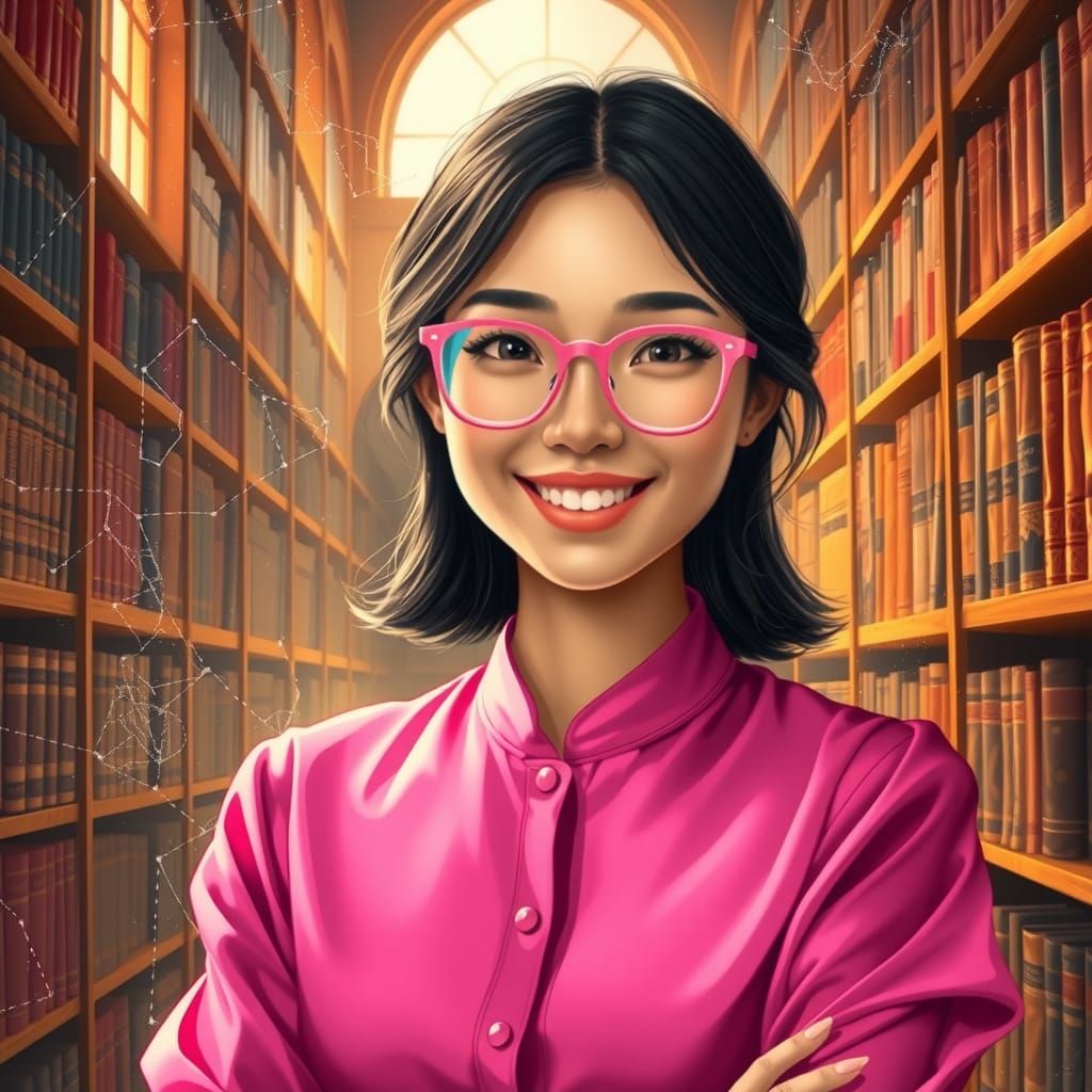 Asian Librarian Portrait in Pop-Surrealist Style
