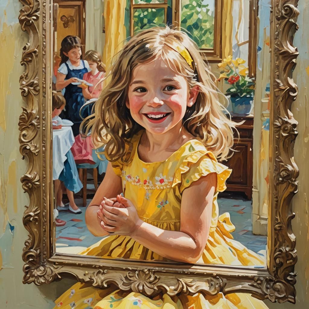 Smiling Girl Kisses Reflection: Gouache Impressionist Portra...