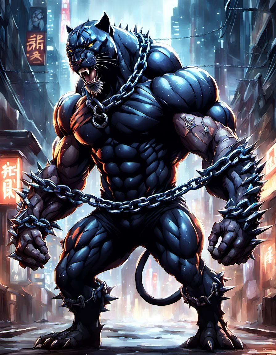 anthropomorphic panther man with massive muscular muscle ,8k resolution concept art with chains,spikes and huge claws