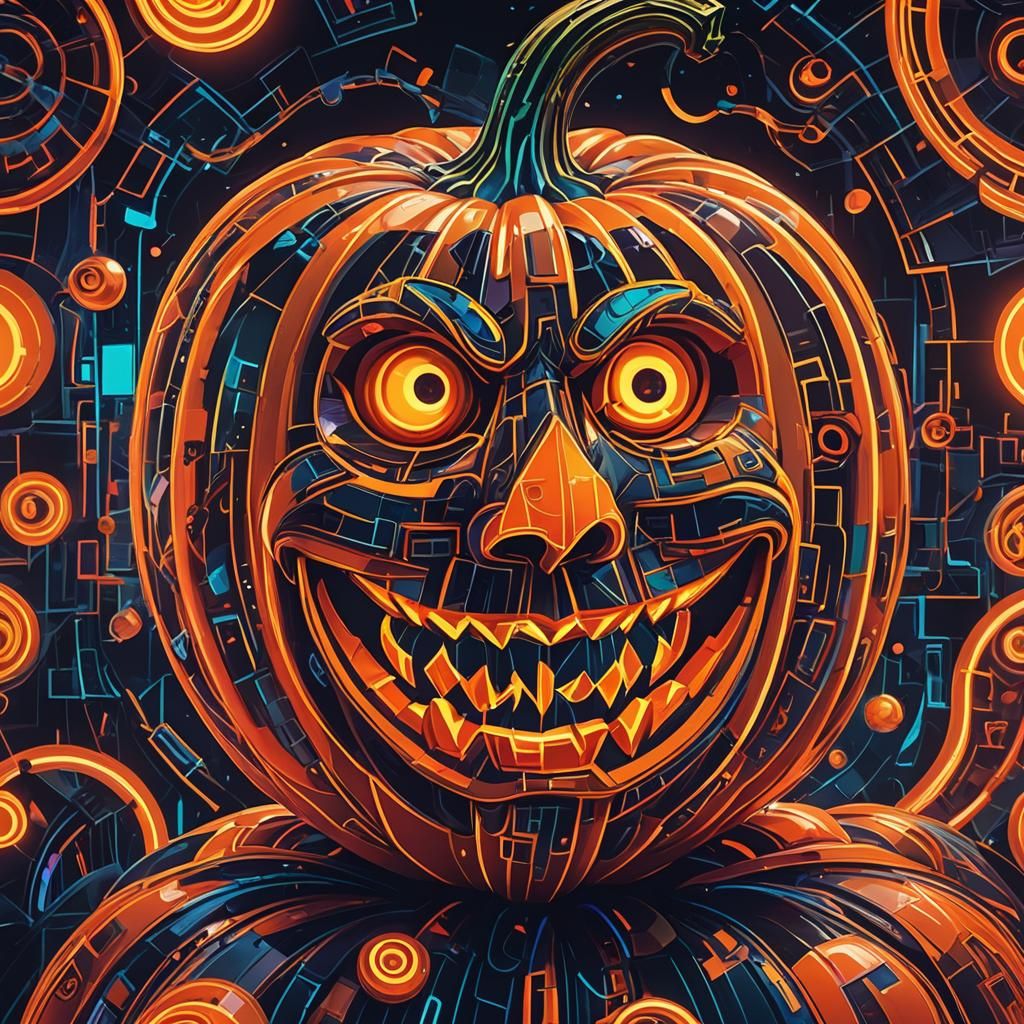 a surrealism fantasy neon avatar of a pumpkin on a black bac...