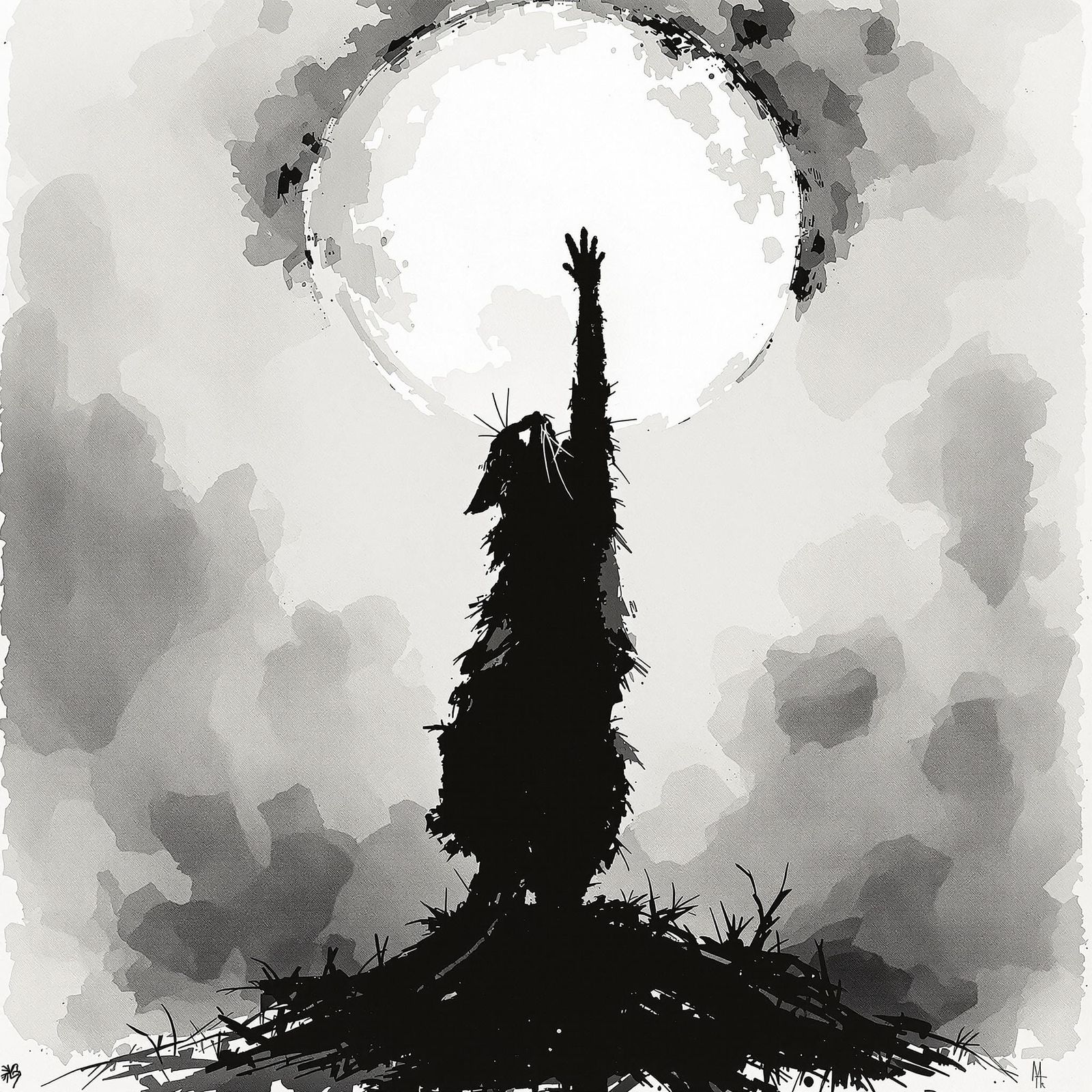 Cat Reaching for Moon in Ink Wash Sketch