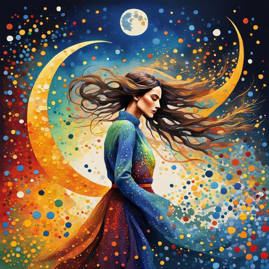 Pointillist Woman with Flowing Hair and Colourful Accents