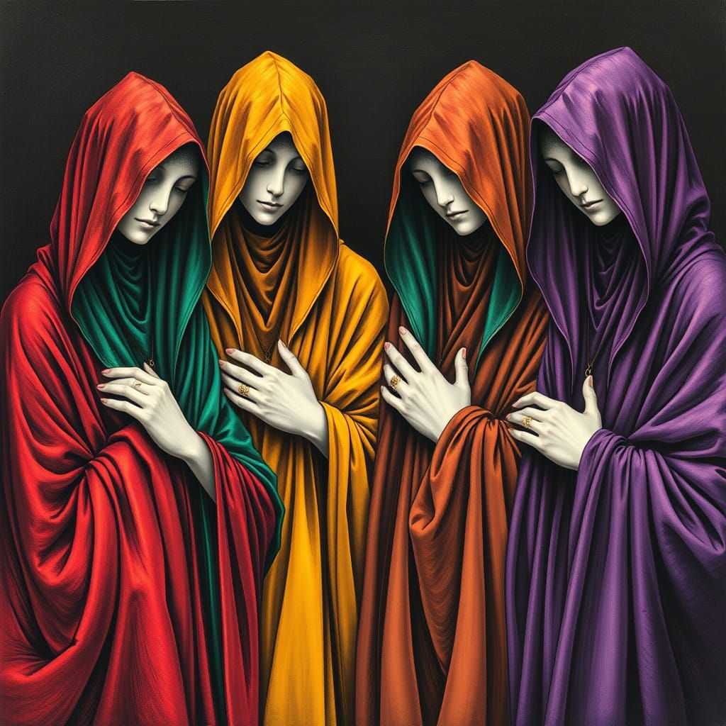 Mystical Figures in Crimson, Emerald, Amber, and Amethyst