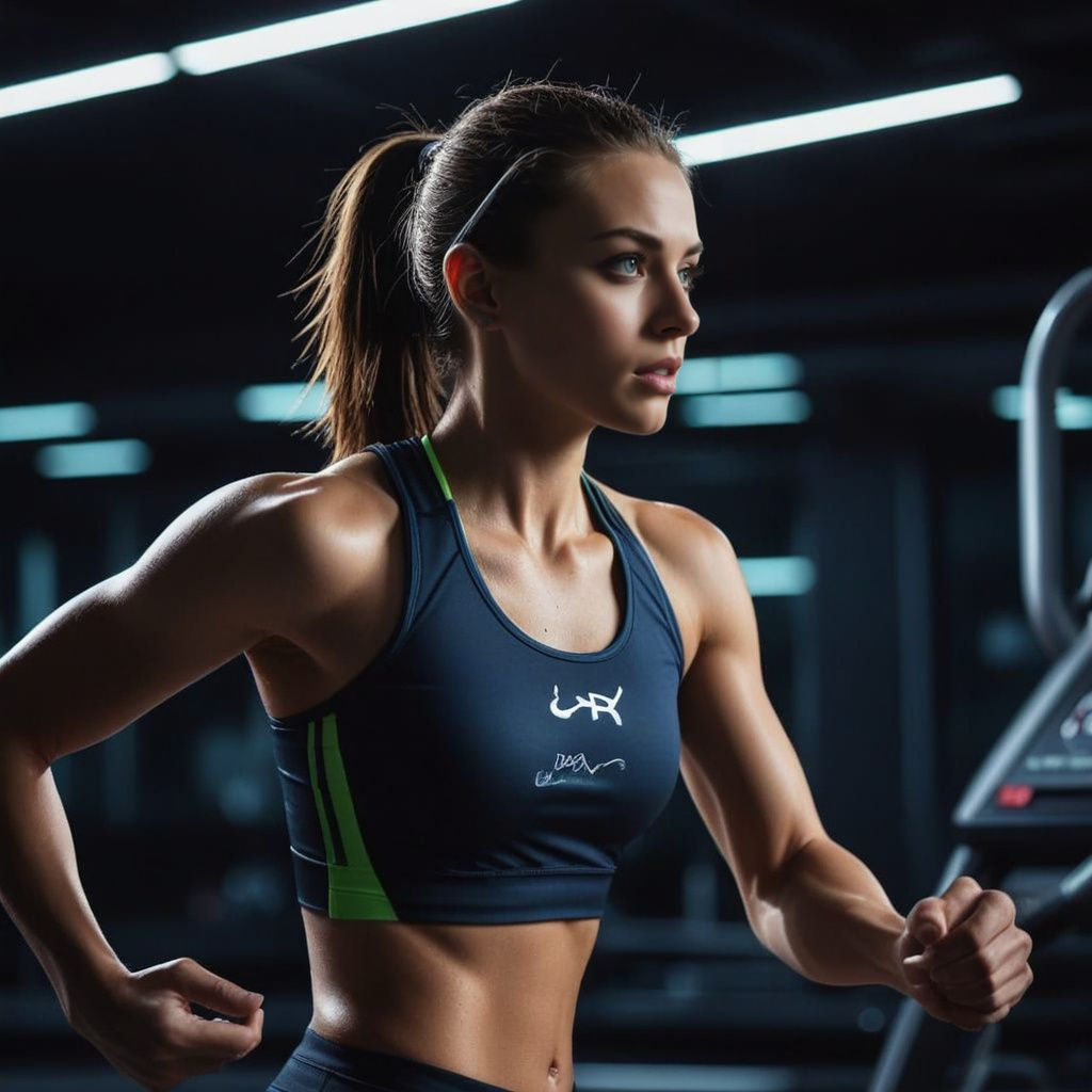 Fitness Model Runs in Rhythm on Dimly Lit Treadmill