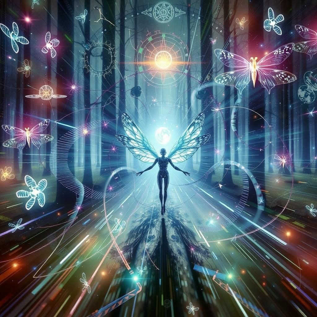 Steampunk Android in Prehistoric Forest with Dragonflies