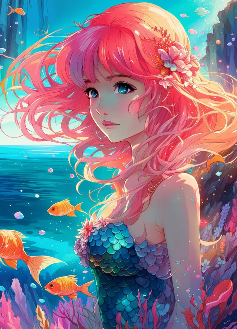 Cute Mermaid Melody in Anime Style Landscape