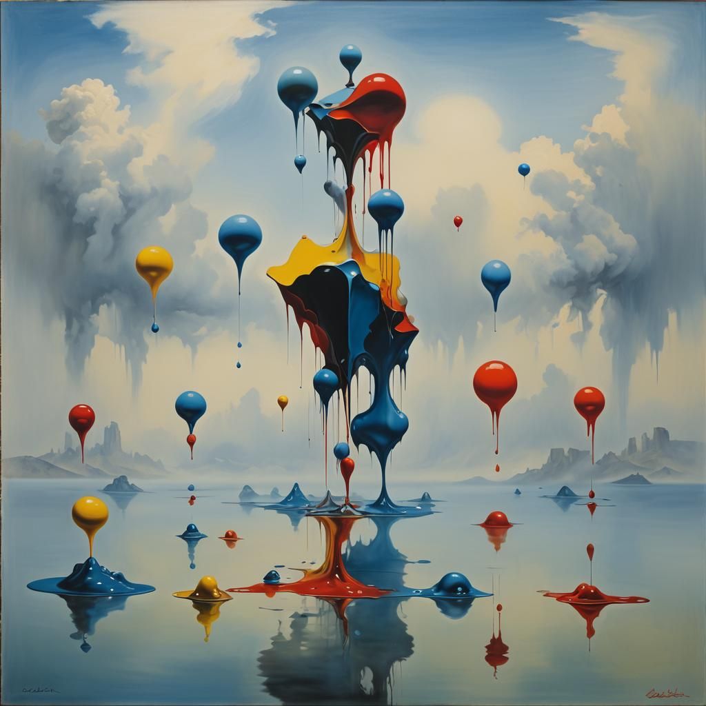 Melting Primary Shapes in Fog: A Surrealist Oil Painting