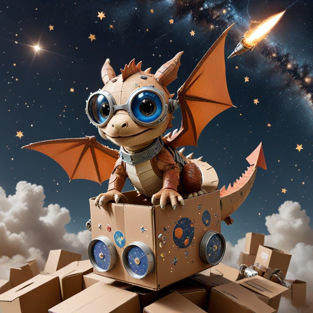 Baby Dragon's Cardboard Rocket Soars Through Space