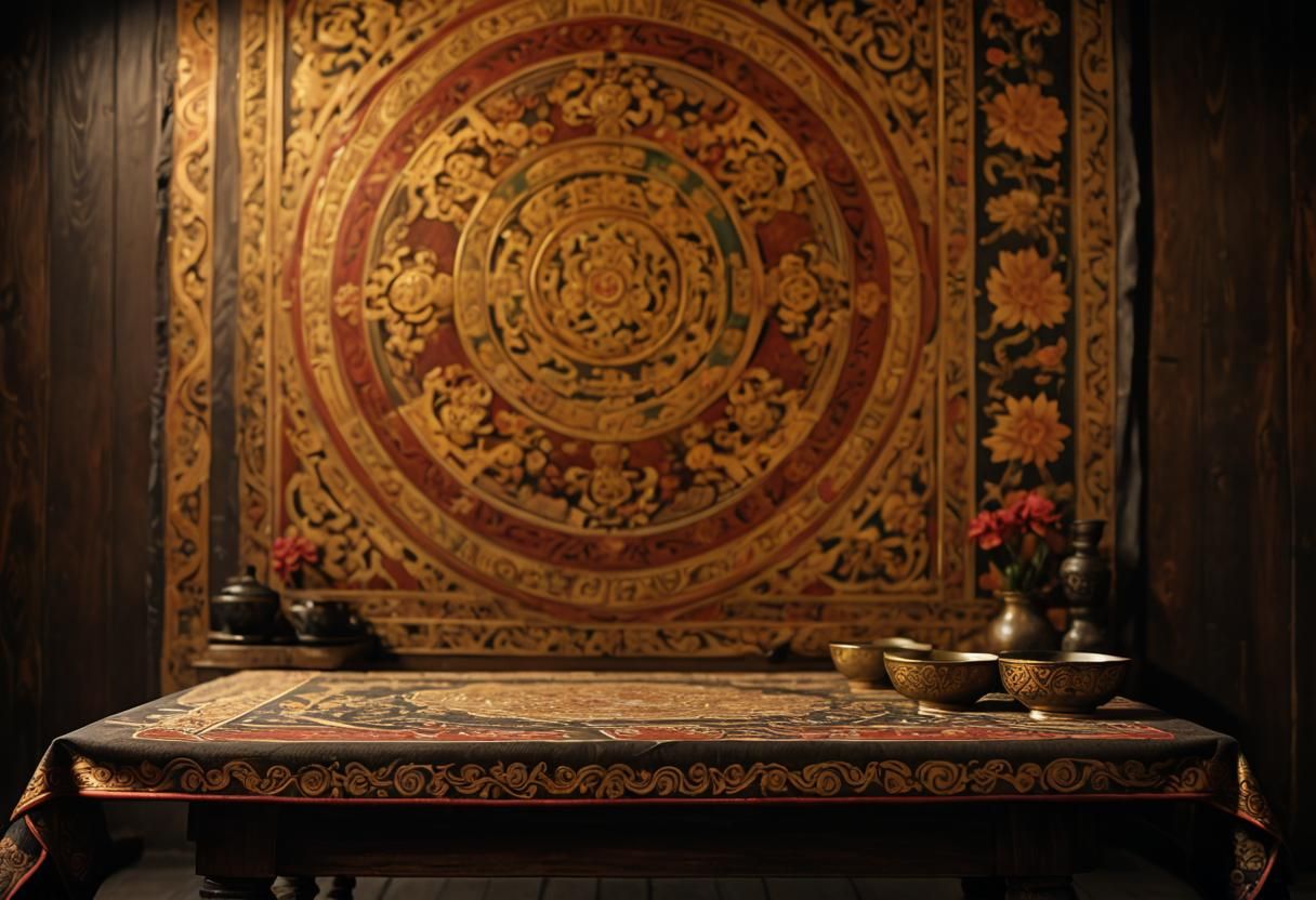 Tibetan Table Still Life in Thangka Art Style