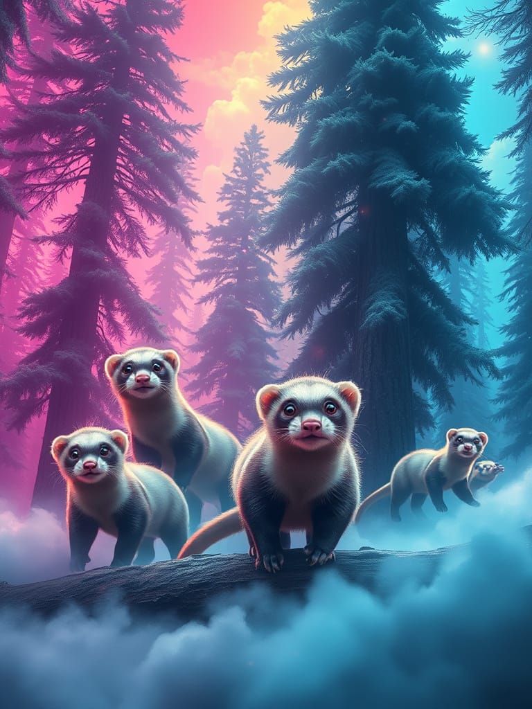 Giant Ferrets Playing in Mystical Rainbow Forest