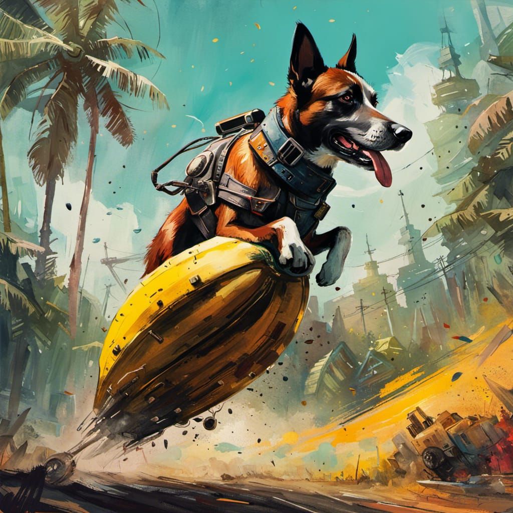 Dog Rides Banana Rocket: Colorful Impasto Art