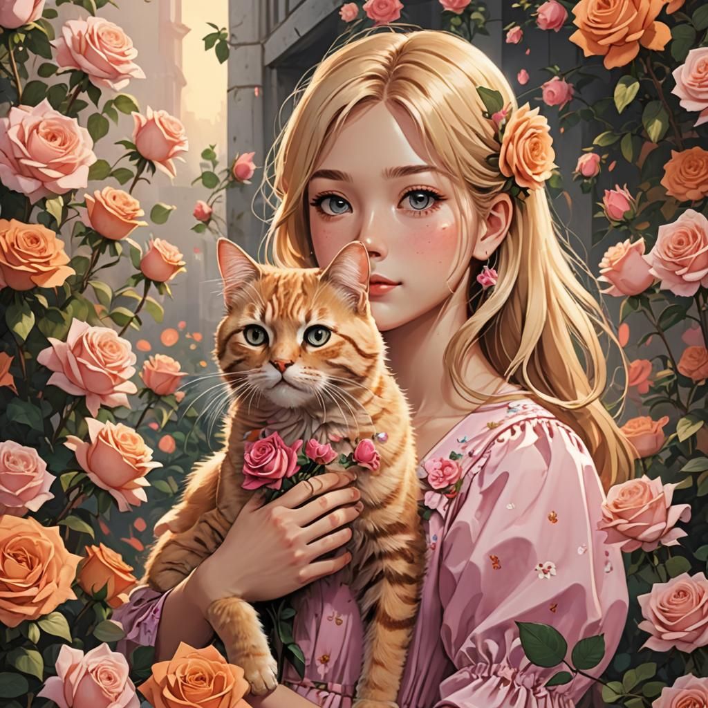 Blonde Woman with Tabby Cat in Anime Style