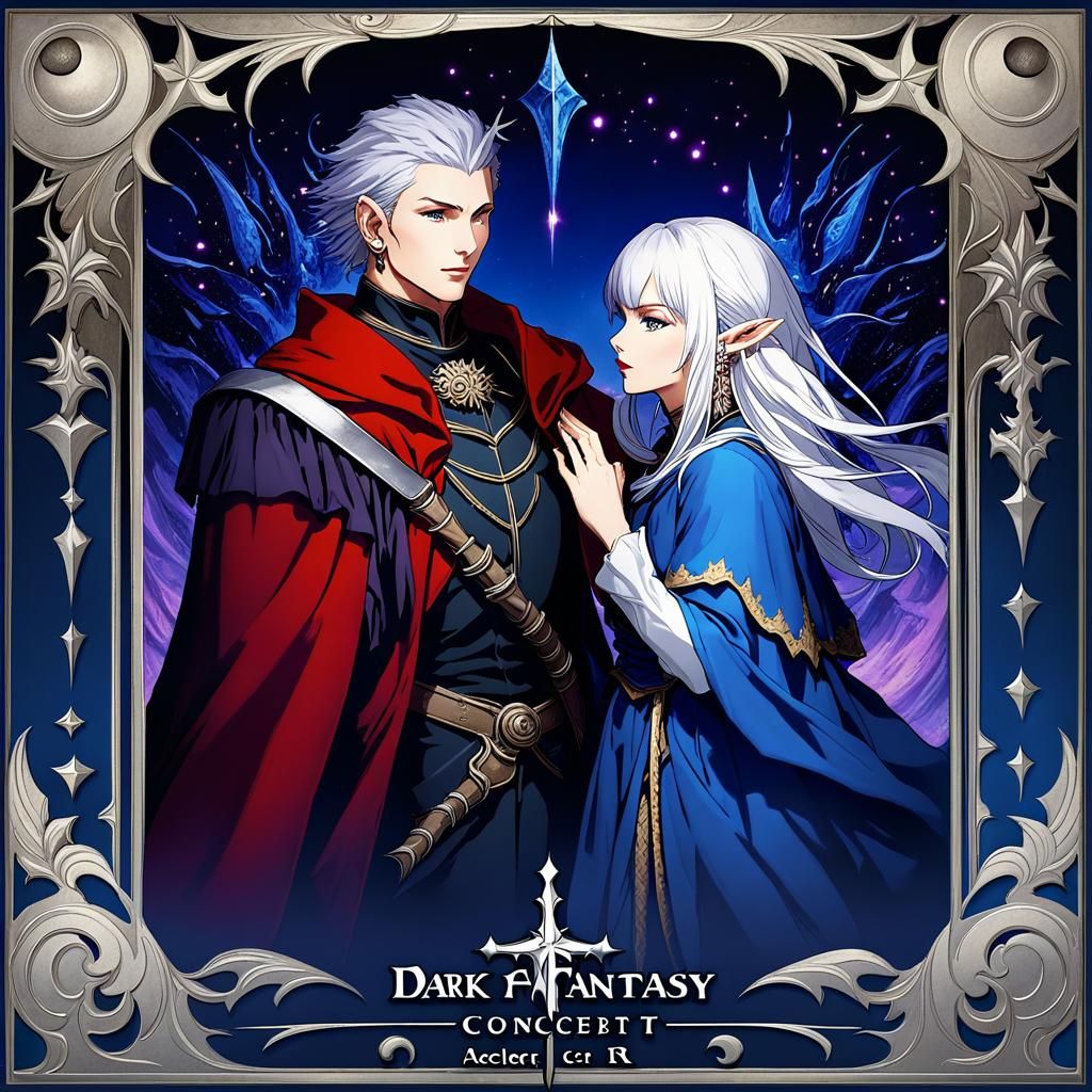 Romantic Elf Couple in Ornate Dark Fantasy Scene