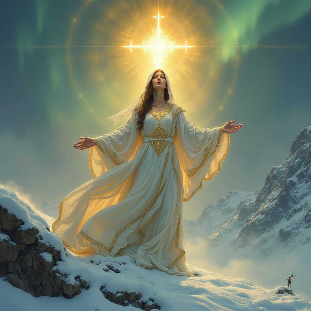 Divine Nordic Goddess on Misty Mountain with Aurora