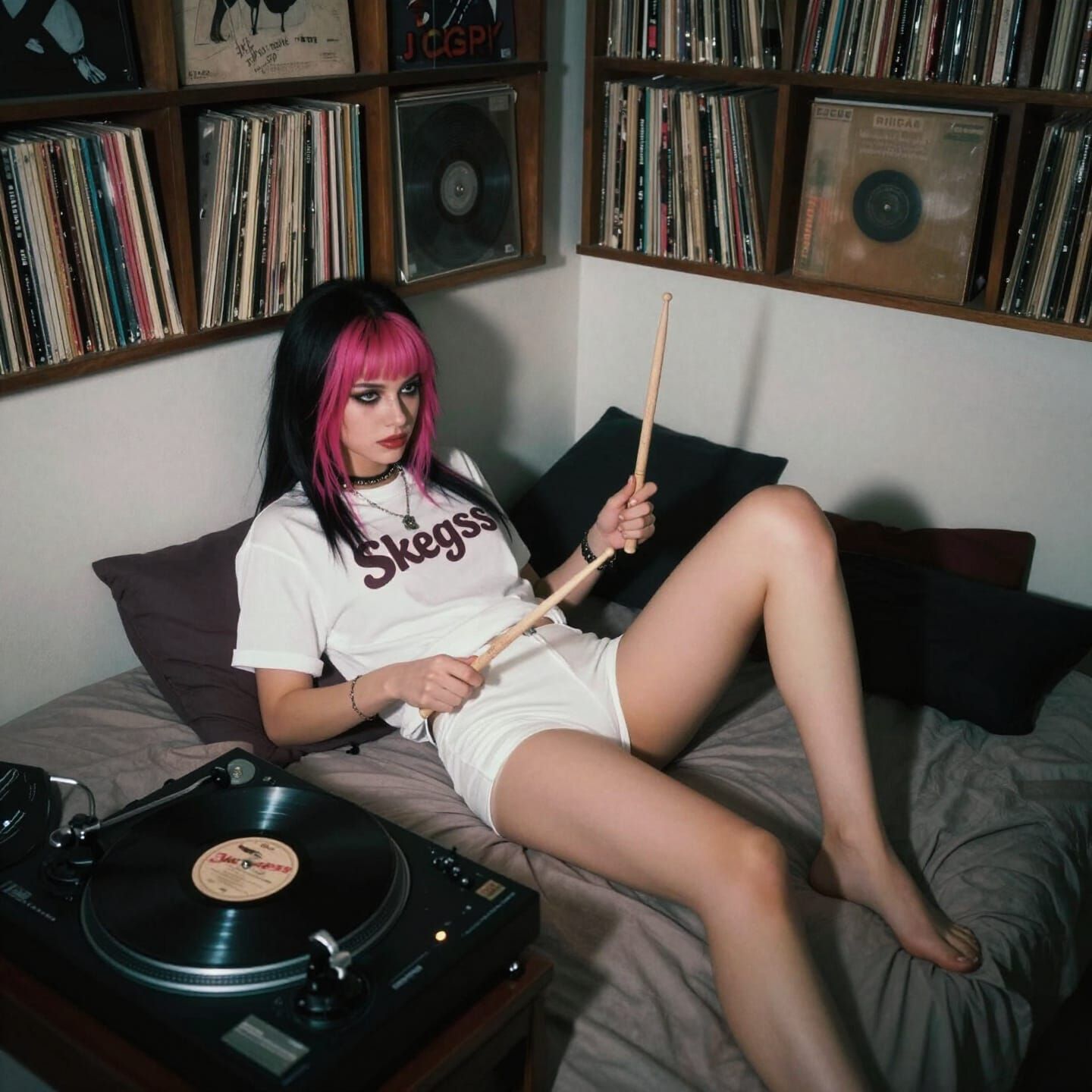 Punk Woman Air Drumming on Bed with Record Collection
