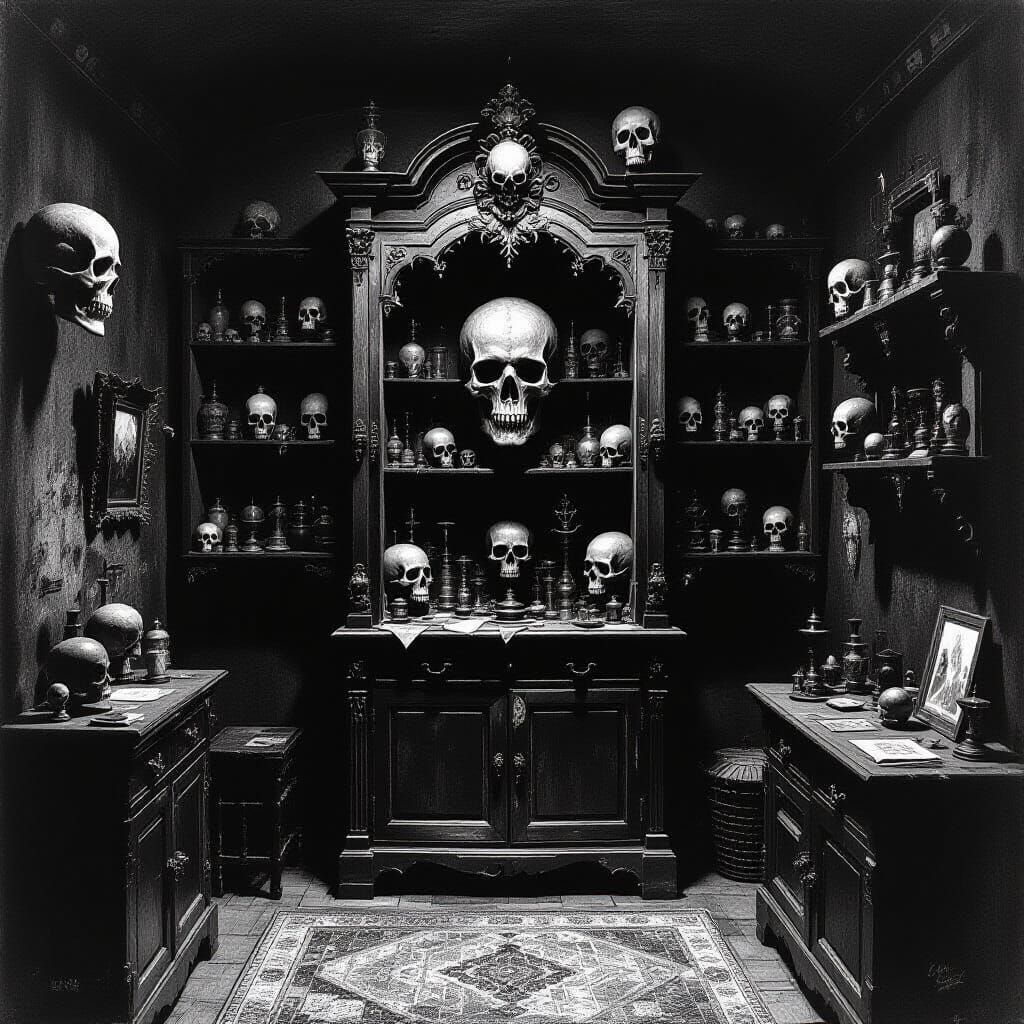 Eerie Cabinet of Curiosities as Charcoal Drawing