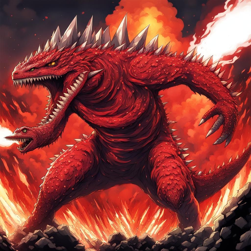 Fiery Reptile Kaiju with Spikes in Anime Style