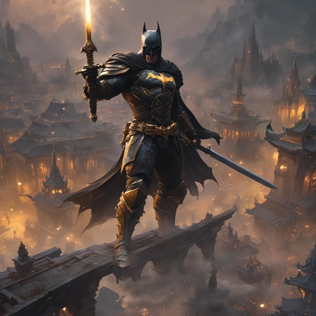 Epic Knight Battle in Misty City, Fantasy Art