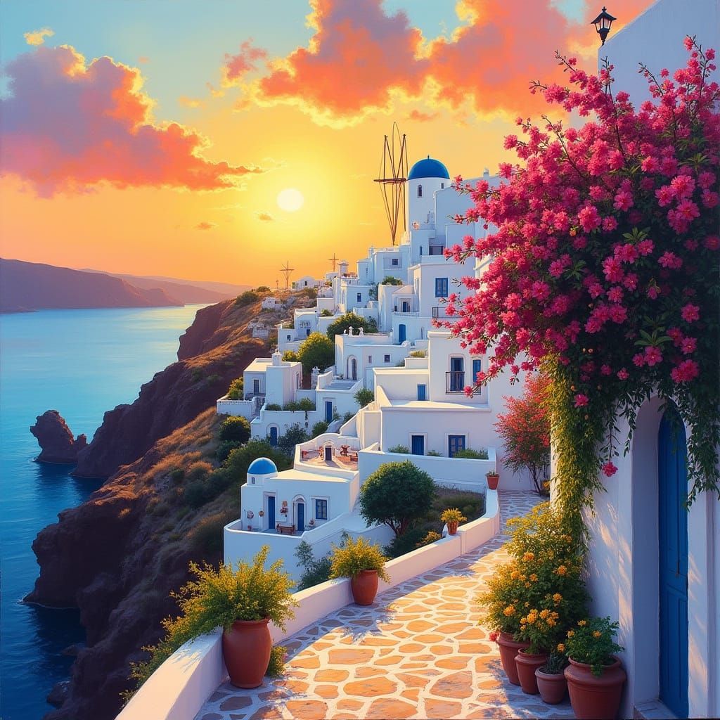 Santorini Sunset Masterpiece in Impressive Gouache Style