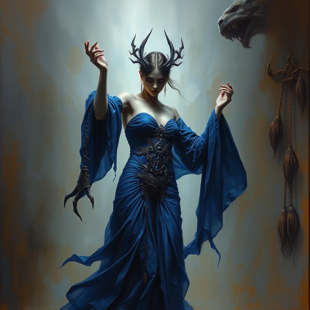 Sinister Figure in Royal Blue Dress, Oil Painting