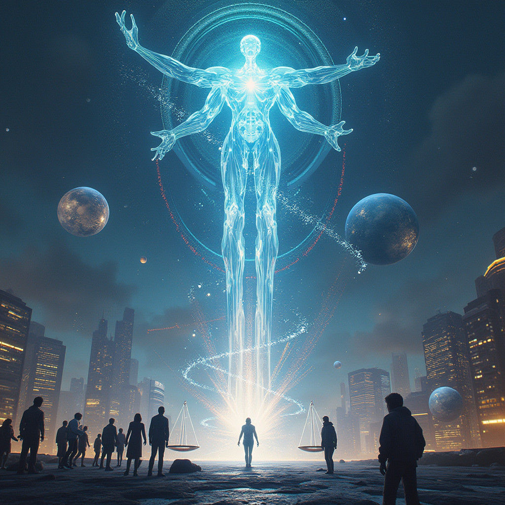 Iridescent AI Entity Dominates Cyberpunk Cityscape