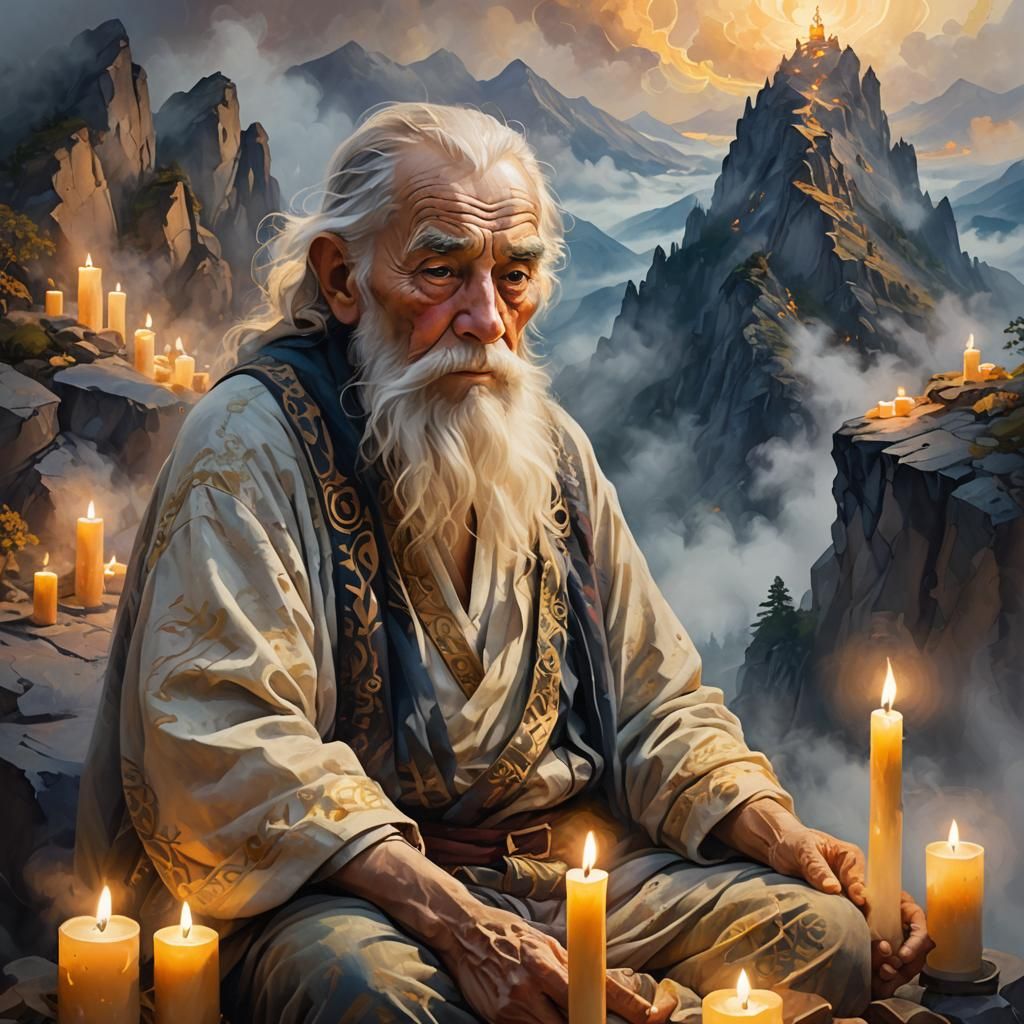 Wise Man Meditates on Mountaintop in Impressionist Style