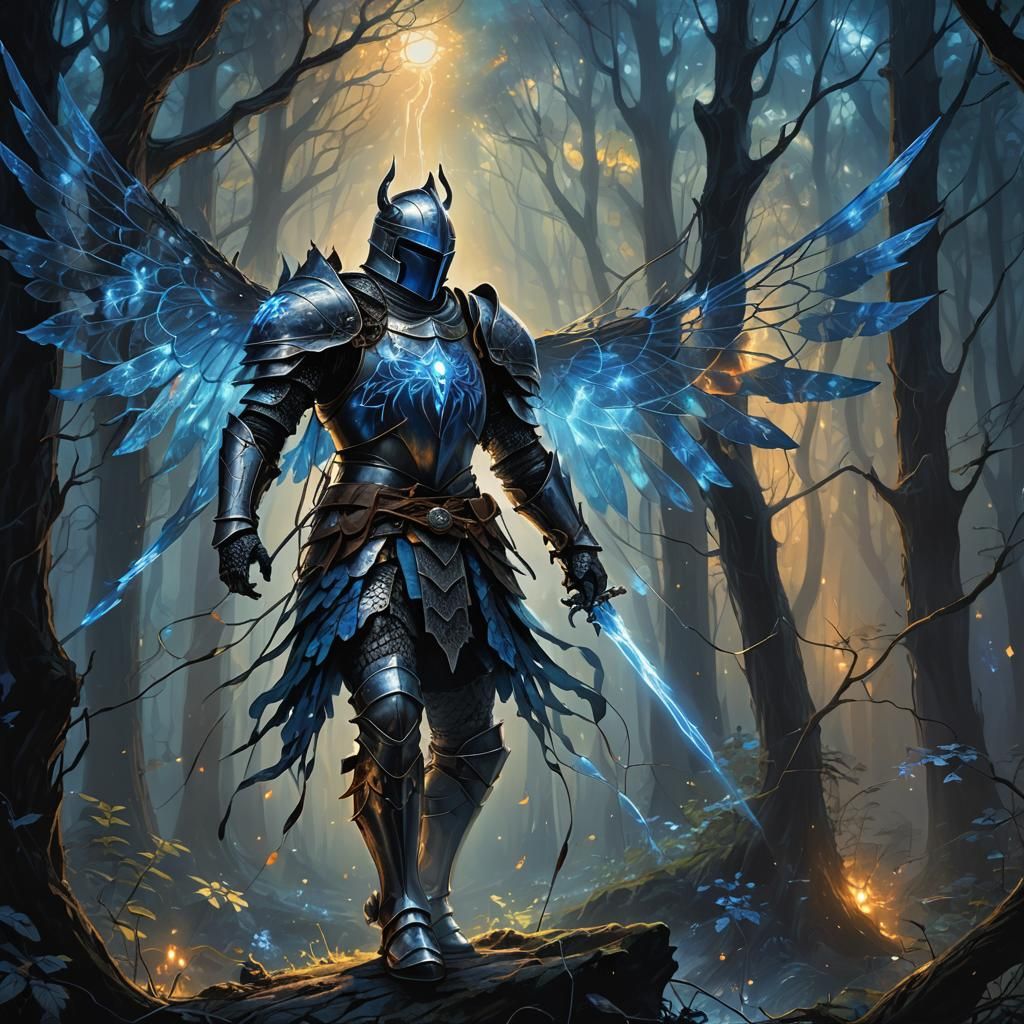 Winged Knight in Mystical Forest: Digital Fantasy Art
