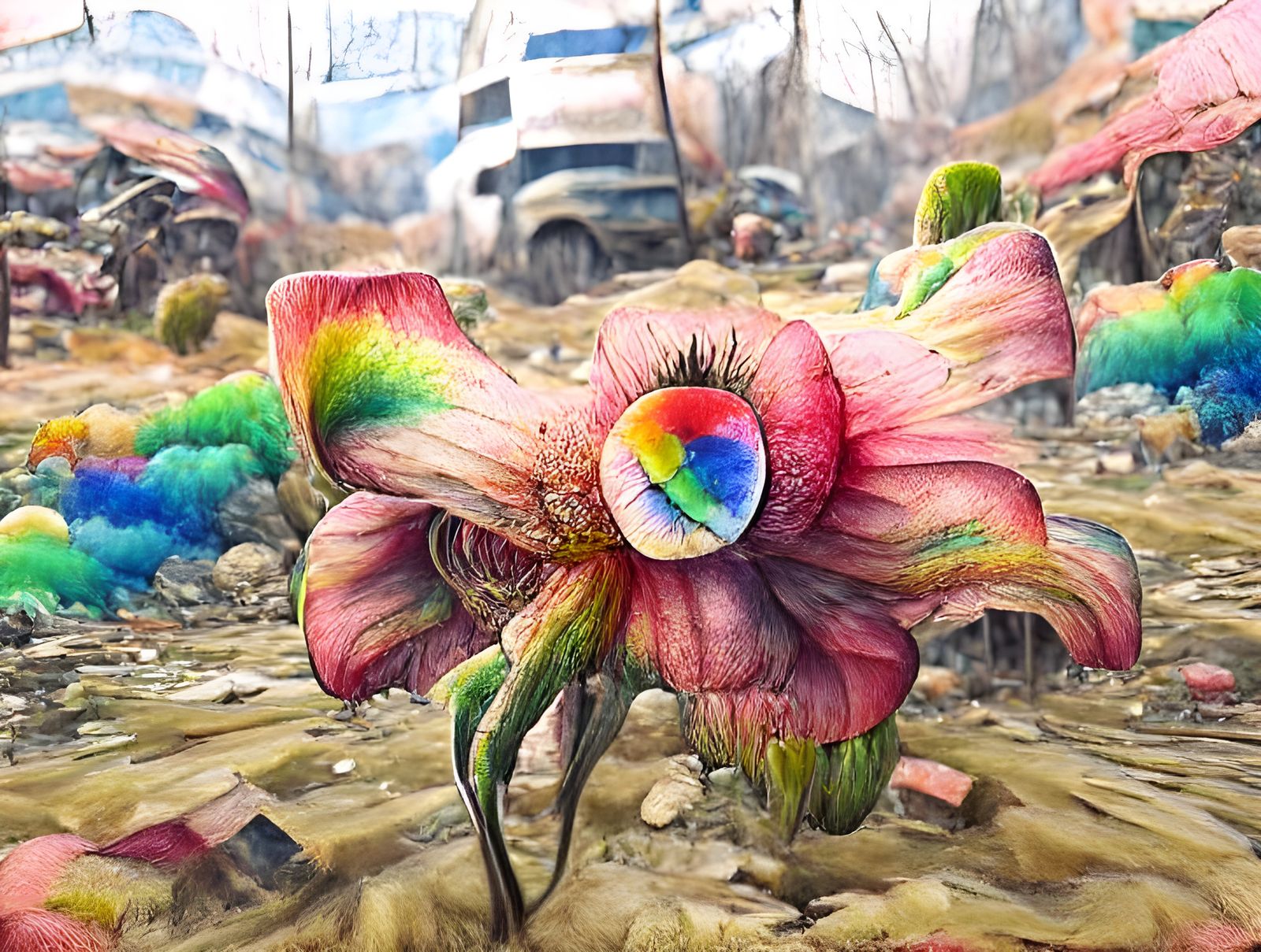 Rainbow Flower in Post-Apocalyptic Landscape: Watercolor
