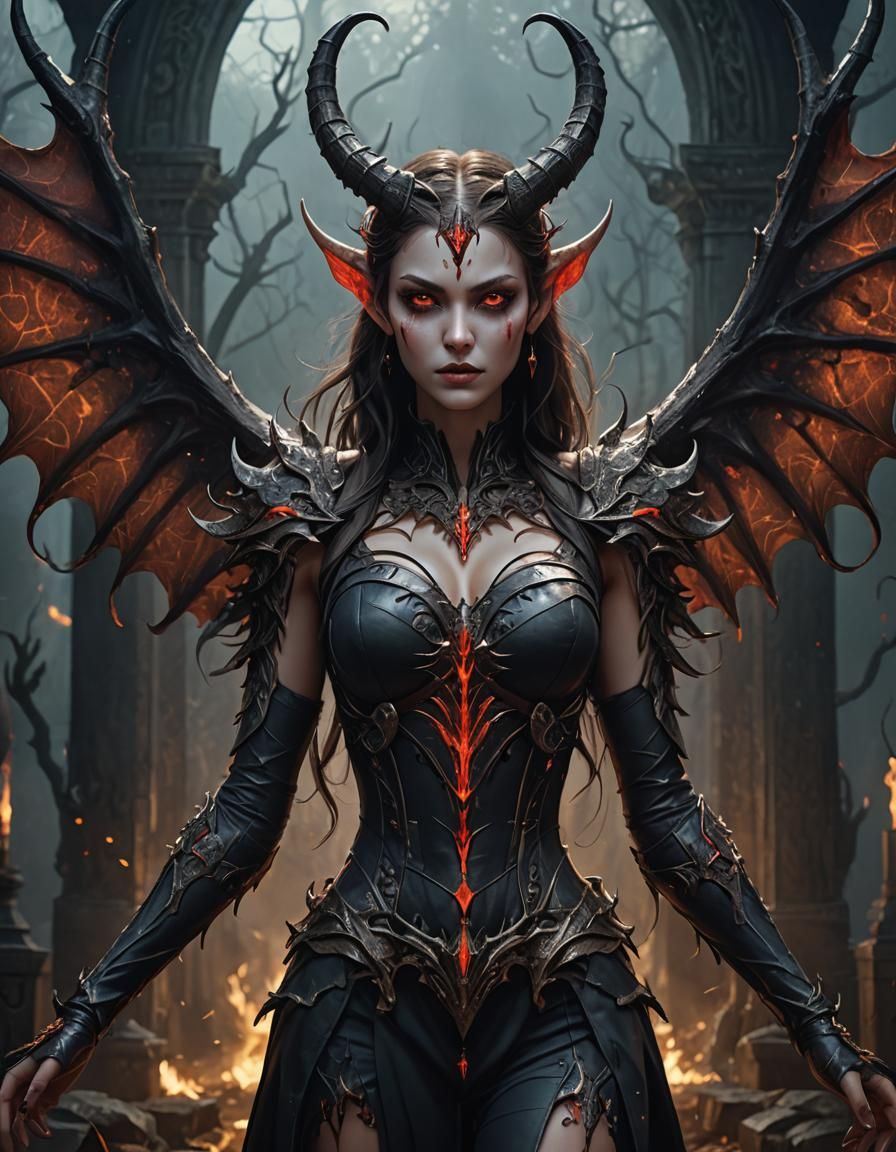 Elegant Demon Girl with Symmetrical Features in Detailed Art