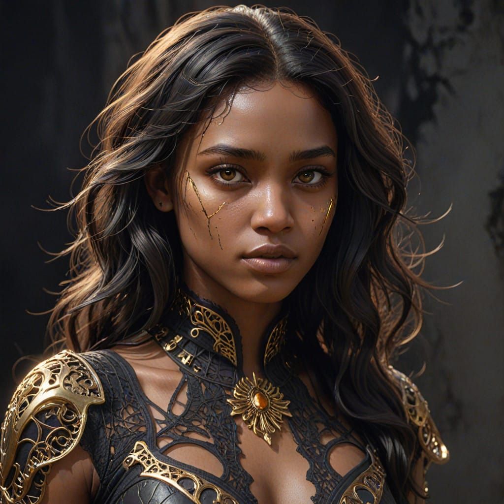 Dark Goddess in Intricate Golden Armor
