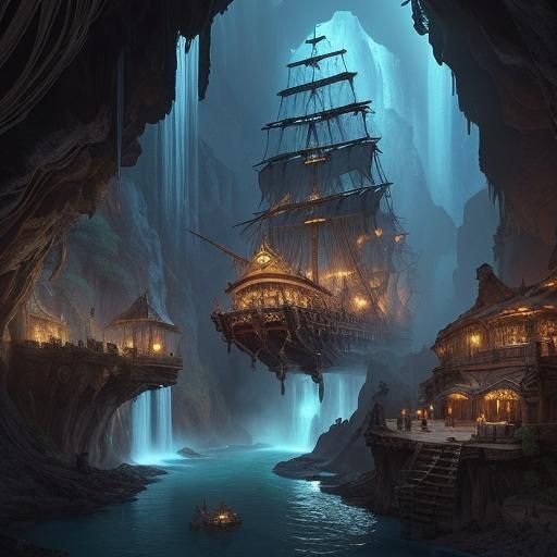 Detailed Pirate Ship in Underground City