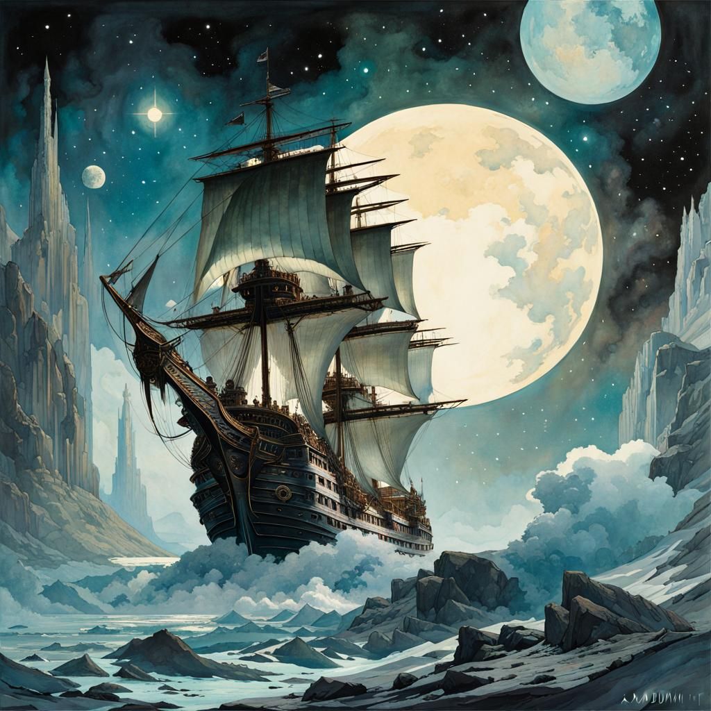 Cosmic Ship in Atmospheric Watercolor Style