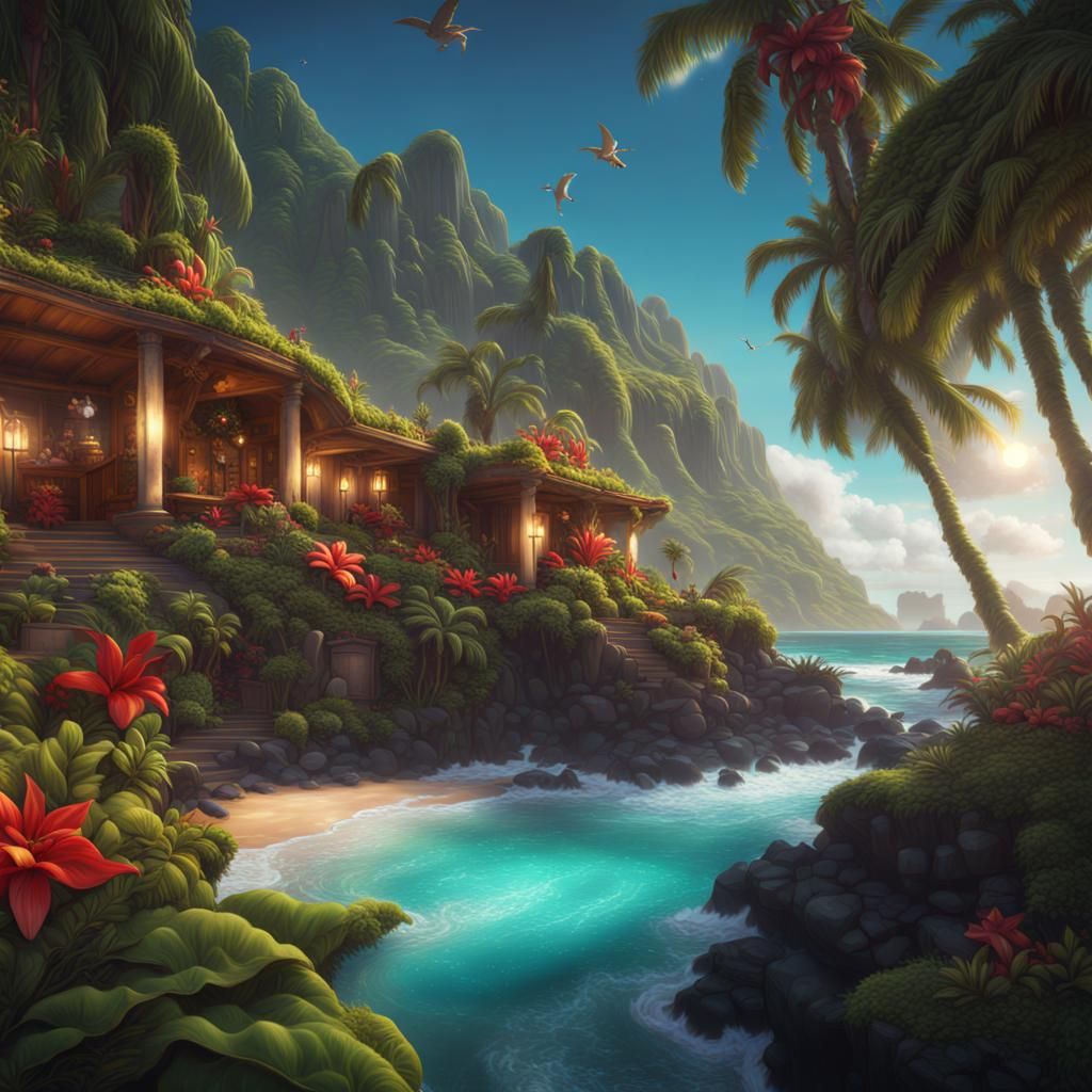 Bright Hawaiian Christmas Day in Detailed Matte Painting