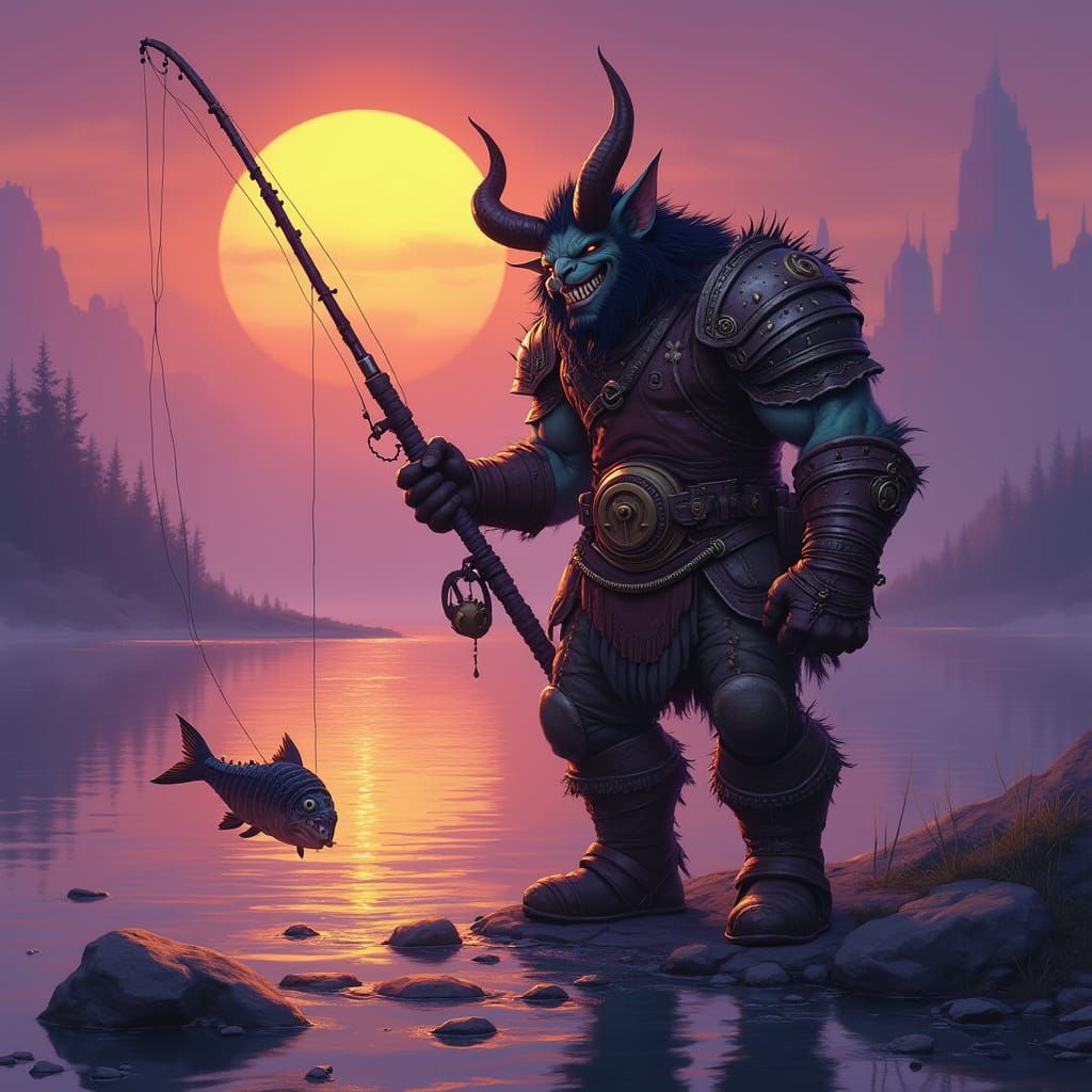 Tauren Warrior Fishing at Sunset in Fantasy Style