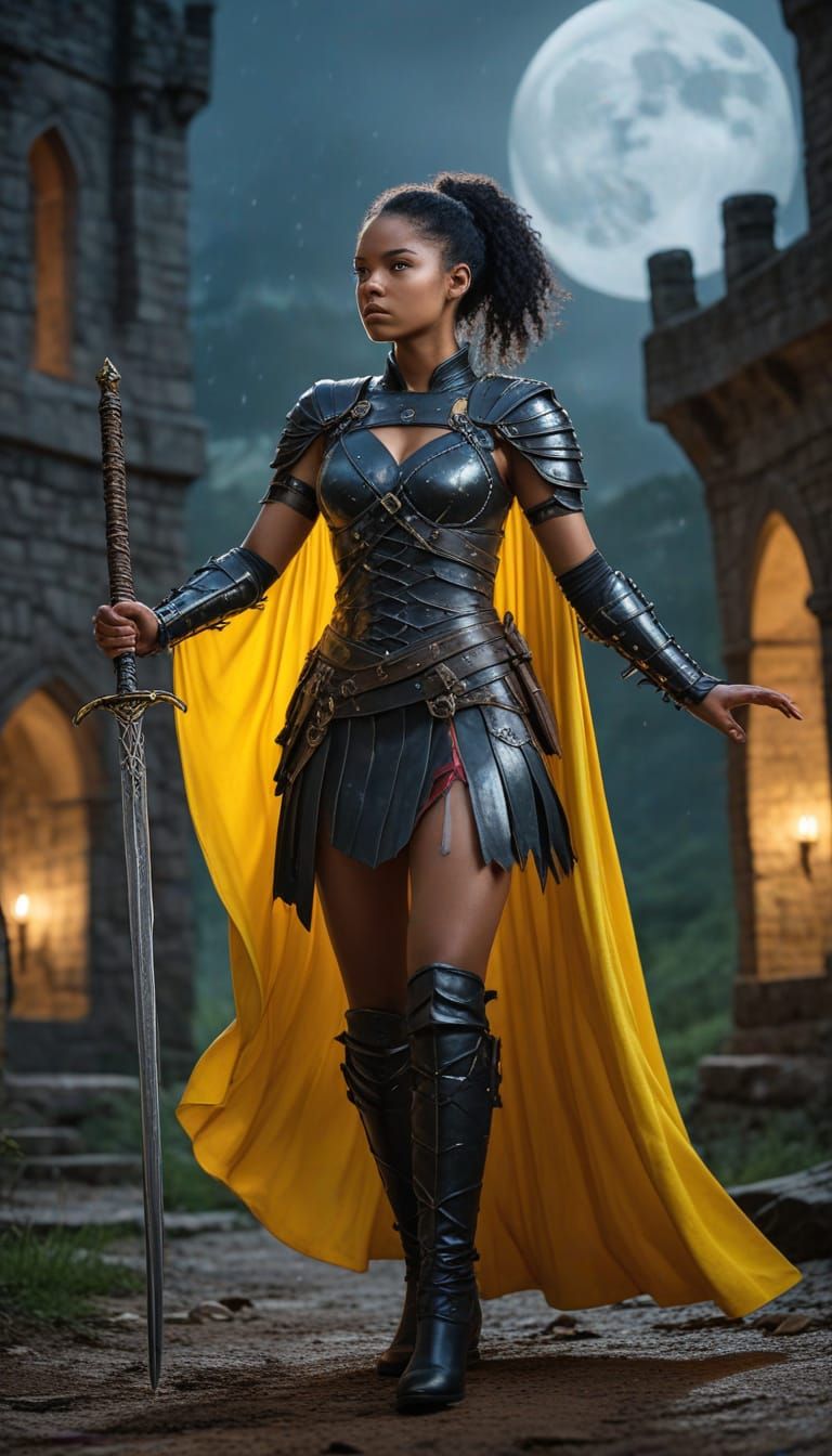 Black Woman Warrior with Bird in Moonlit Forest