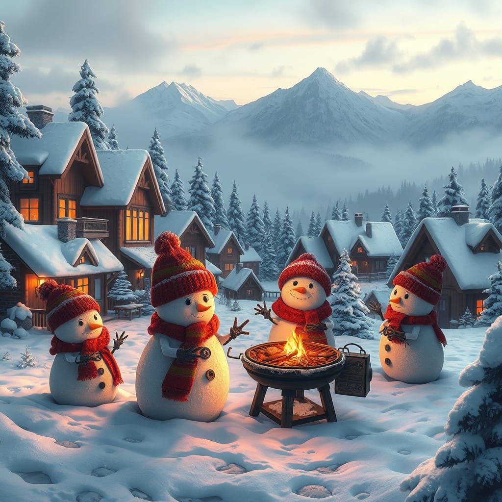 Whimsical Snowmen Barbecue in Serene Winter Village