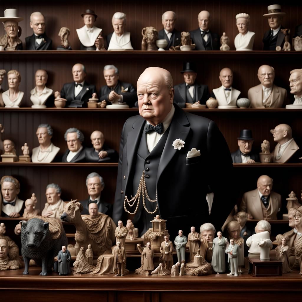 Winston Churchill and his collection of busts.