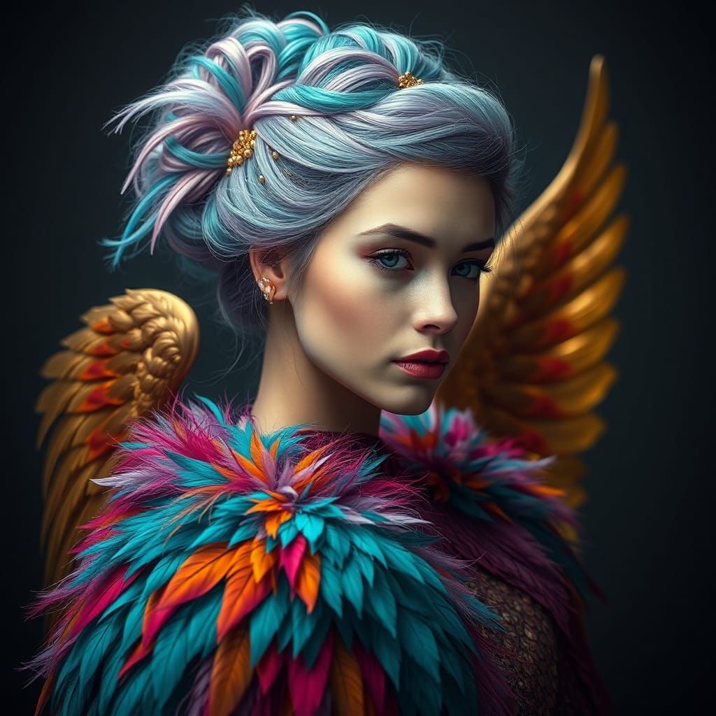 Fantasy Woman Portrait with Feathers and Wings