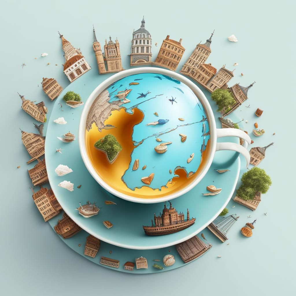the whole world in a cup of tea, hyperrealistic