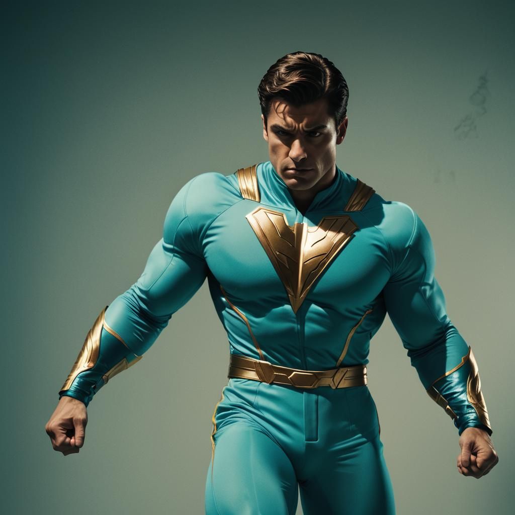 Cyan-Suited Superhero in Cinematic Style