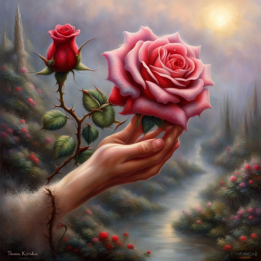 Calloused Hand Holds Rose in Ethereal Fantasy Style