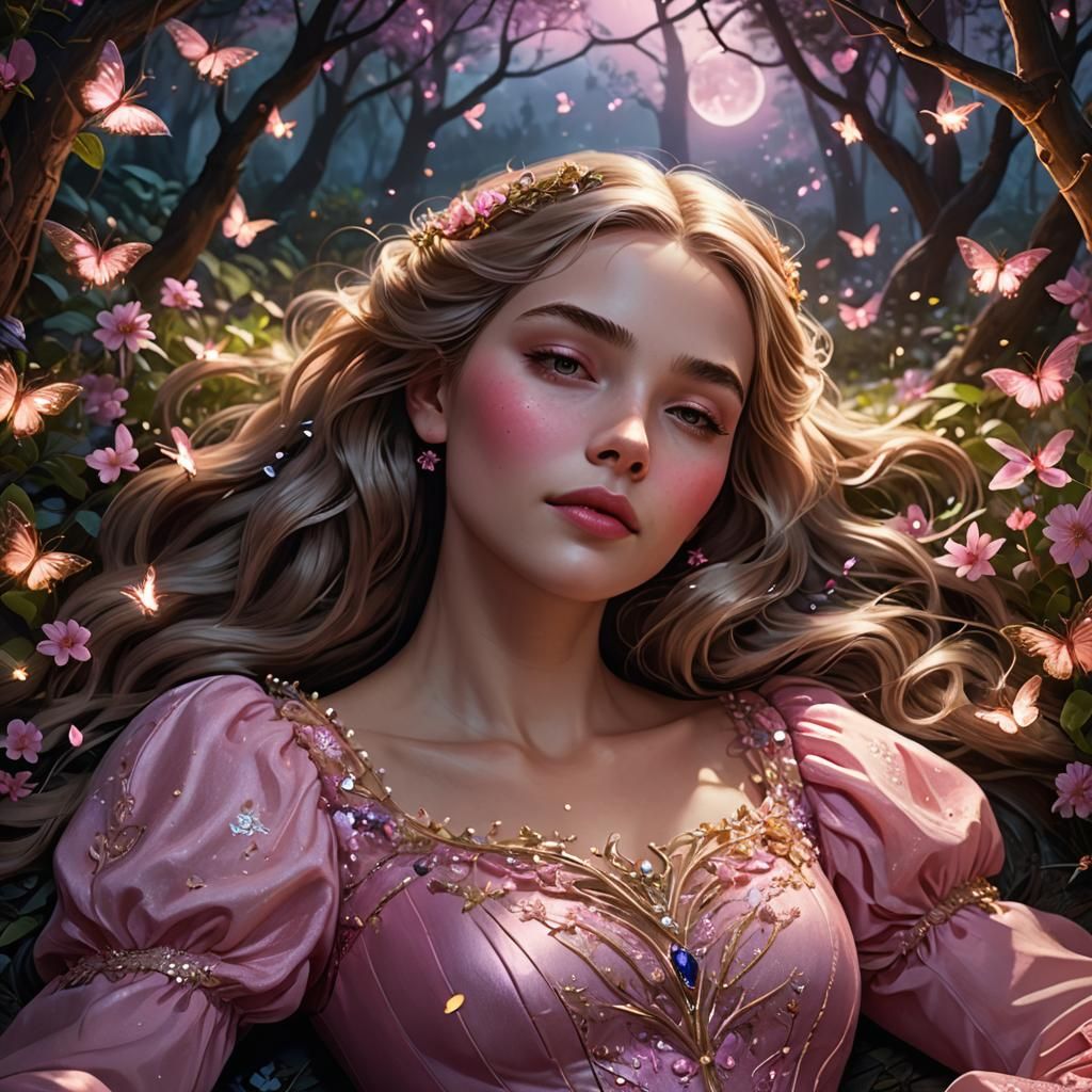 Sleeping Beauty Portrait in Forest with Fireflies