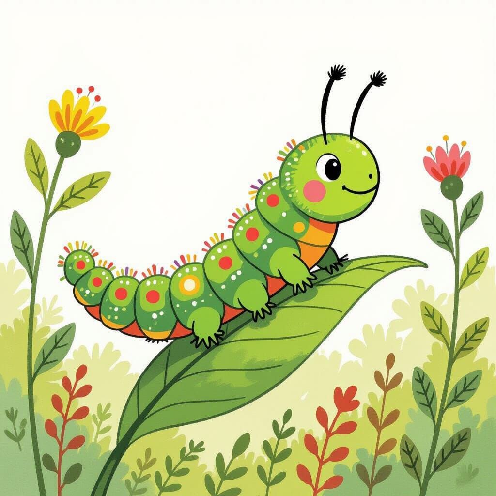 Joyful Green Caterpillar on Leaf in Whimsical Illustration S...