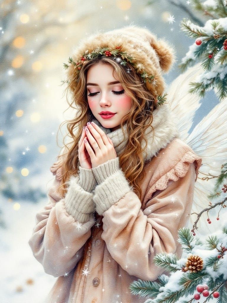 Christmas Fairy in Warm Watercolor Portrait