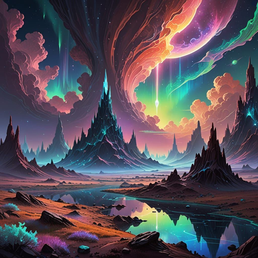 Vast Iridescent Landscape Under Cosmic Aurora