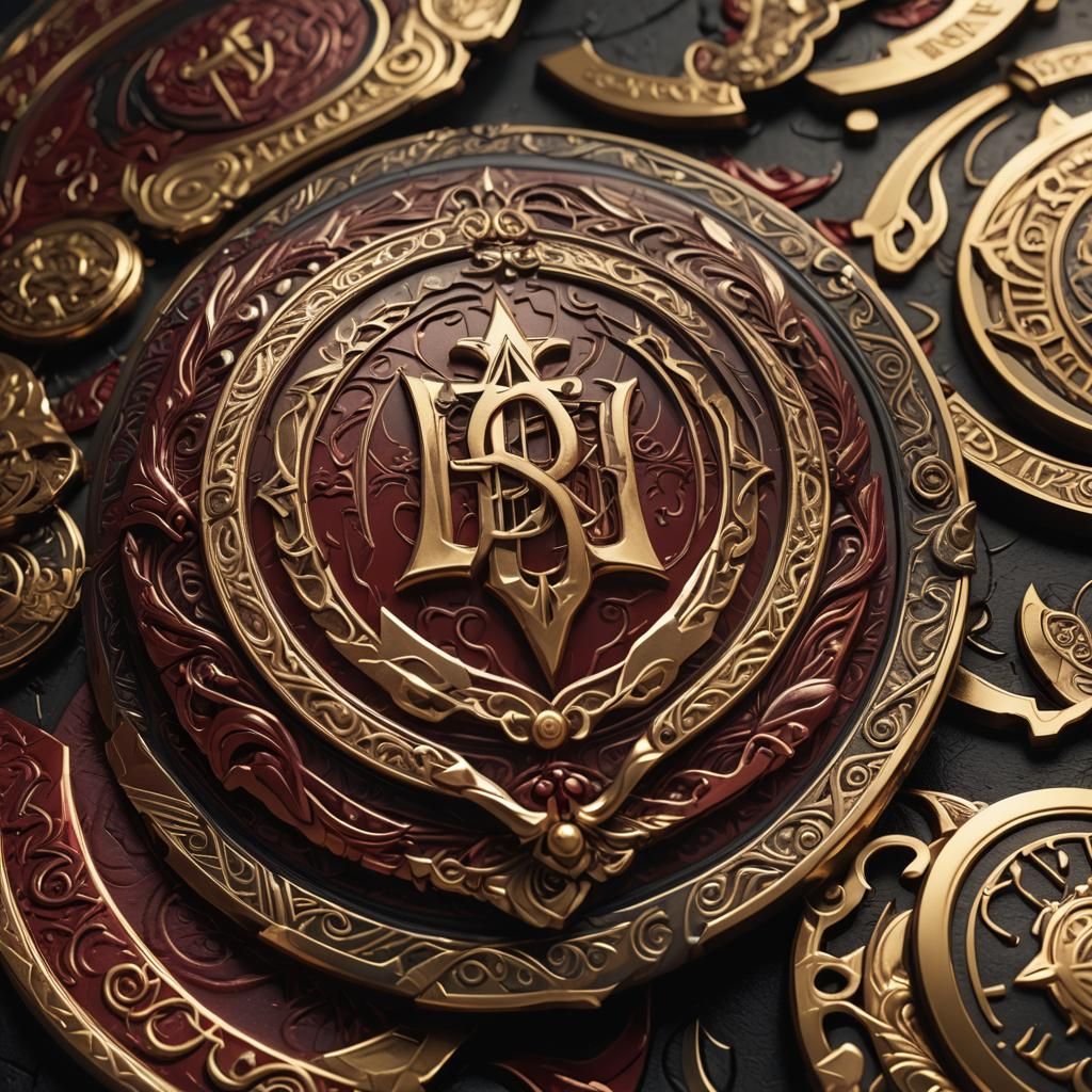 Crimson Metallic Badge with Engraved Symbols